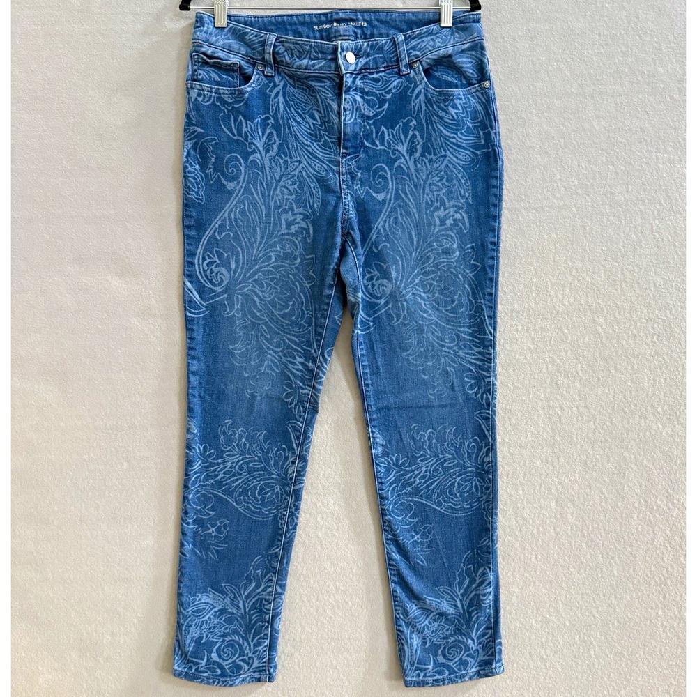Chico's Slim Boyfriend Ankle Jeans Womens 1.5 US 10 Blue Floral Paisley Boho
